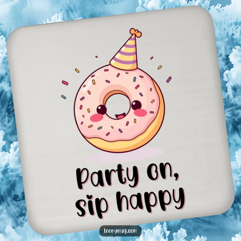 Funny coaster showing a cheerful donut in a party hat juggling sprinkles.