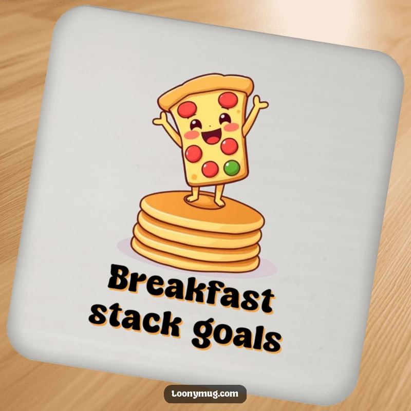Funny drink coaster with a pizza doing a handstand on pancakes, protecting surfaces with a dose of breakfast-themed amusement.