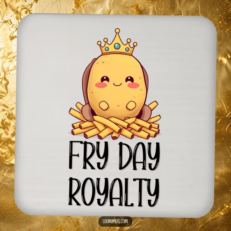 Funny drink coasters set with a proud potato king on a french fry throne, offering humorous and stylish surface protection.