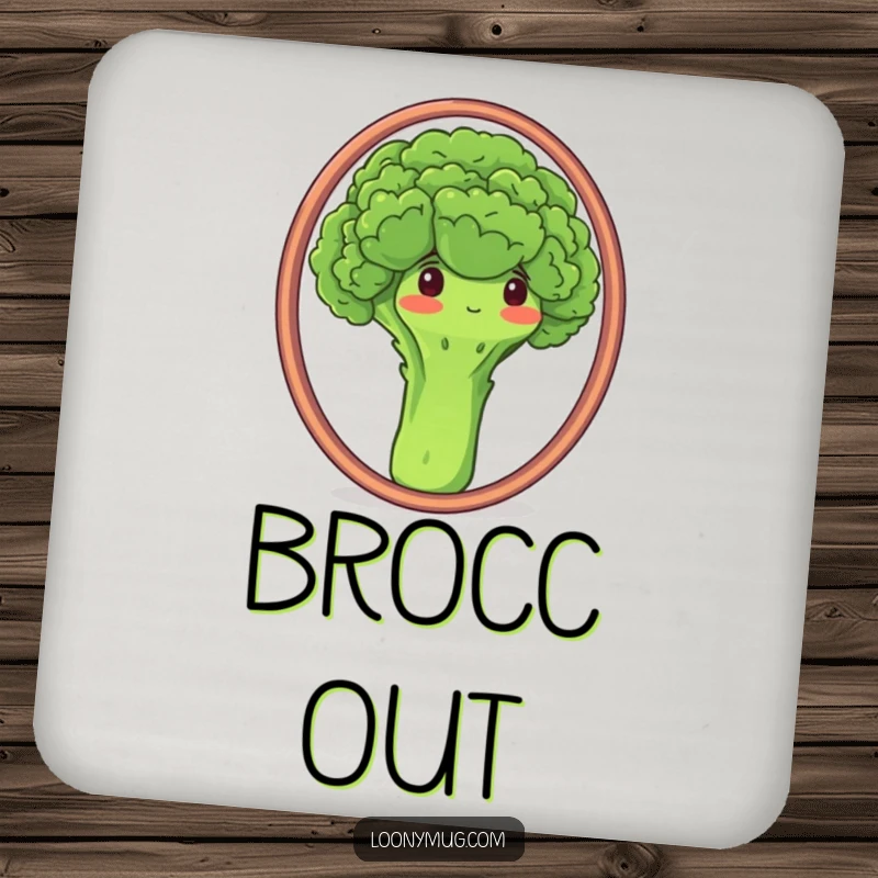 Funny drink coaster featuring a proud broccoli admiring its reflection in a mirror, protecting surfaces with humor.