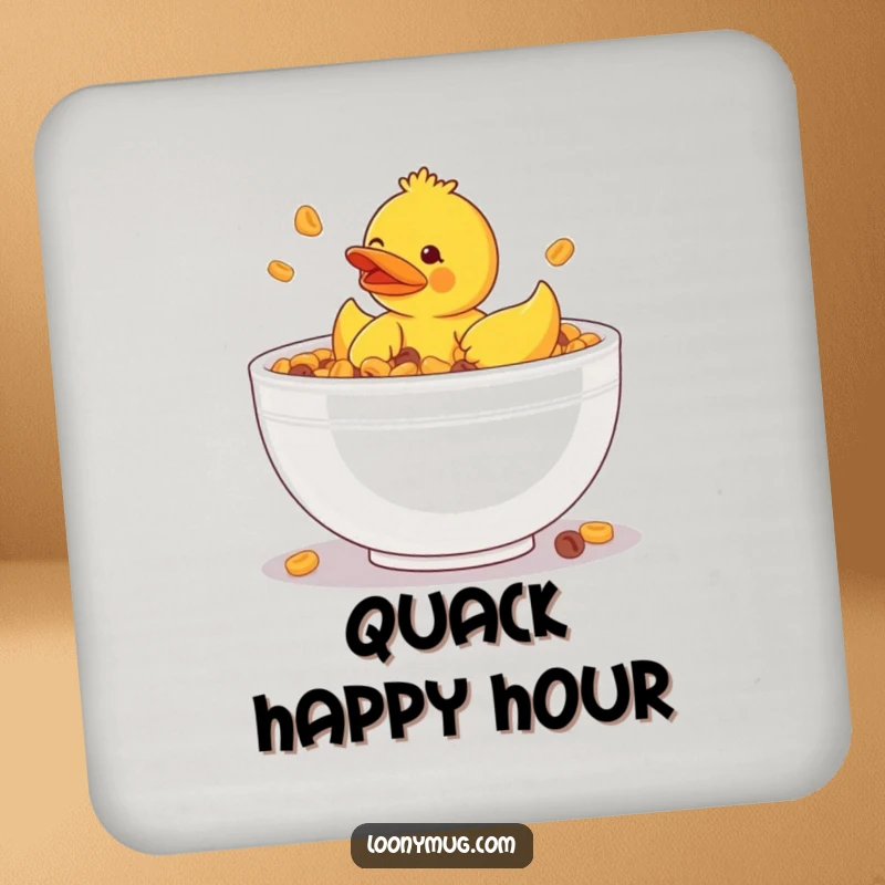 Funny drink coaster featuring a rubber ducky stuck in a giant bowl of cereal, protecting surfaces with humor.