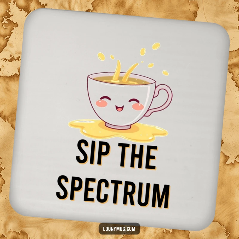 Funny drink coasters set with a shy teacup giggling and spilling a rainbow of tea, offering humorous and whimsical surface protection.