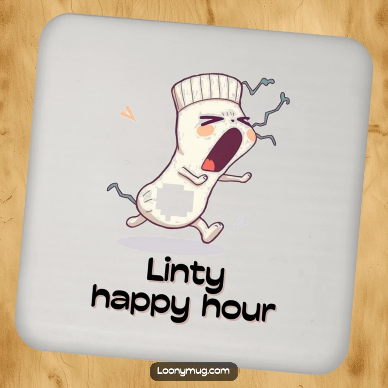 Funny drink coaster: a sleepy sock yawns widely while a lint monster chases it, offering a humorous and protective touch to tables.