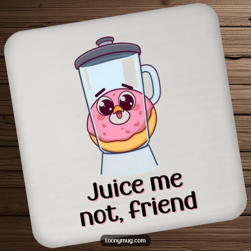 Funny coaster with a startled donut, googly eyes, escaping a blender, protecting surfaces with humor and charm.