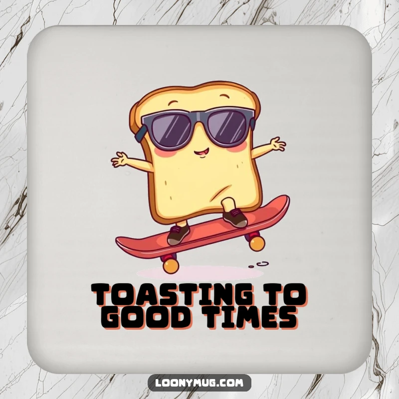 Funny Drink Coaster featuring a slice of toast wearing sunglasses, attempting a skateboard trick, offering cool humor and protection.