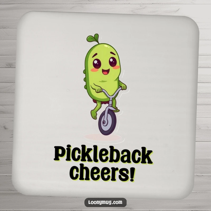 Funny drink coaster featuring a mischievous pickle character riding a tiny unicycle with flair.