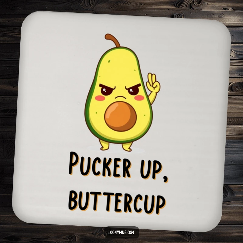 Funny drink coaster featuring a grumpy avocado character giving a reluctant high-five, for humorous surface protection.