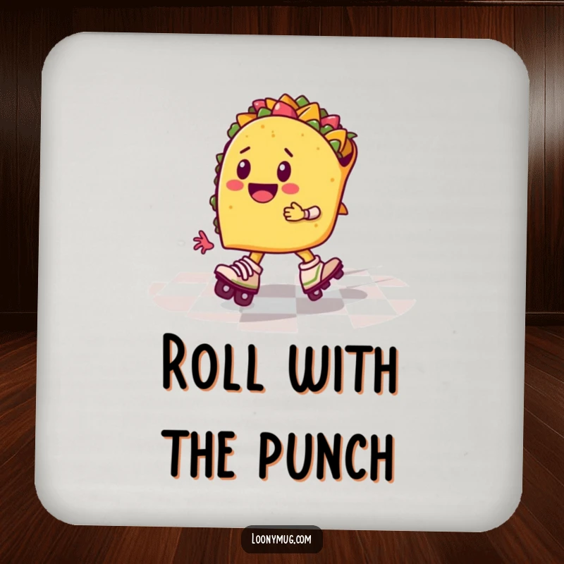 Funny taco on roller skates, zooming across a checkered floor, on a drink coaster, protecting surfaces with humor.