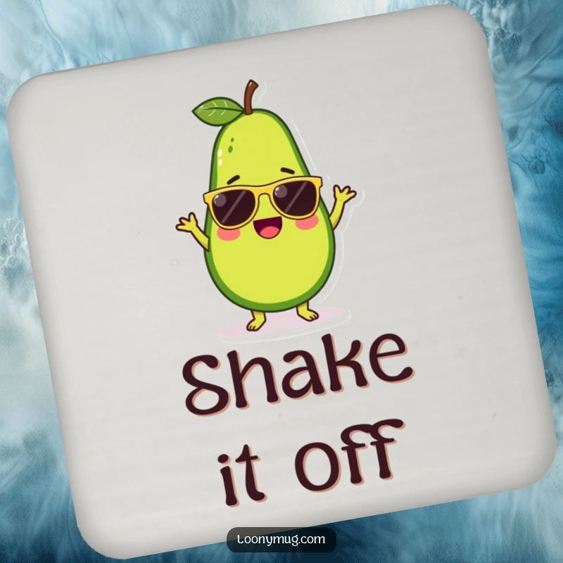 Funny drink coaster depicting a cute avocado character wearing sunglasses and doing a silly dance, adding cool humor.
