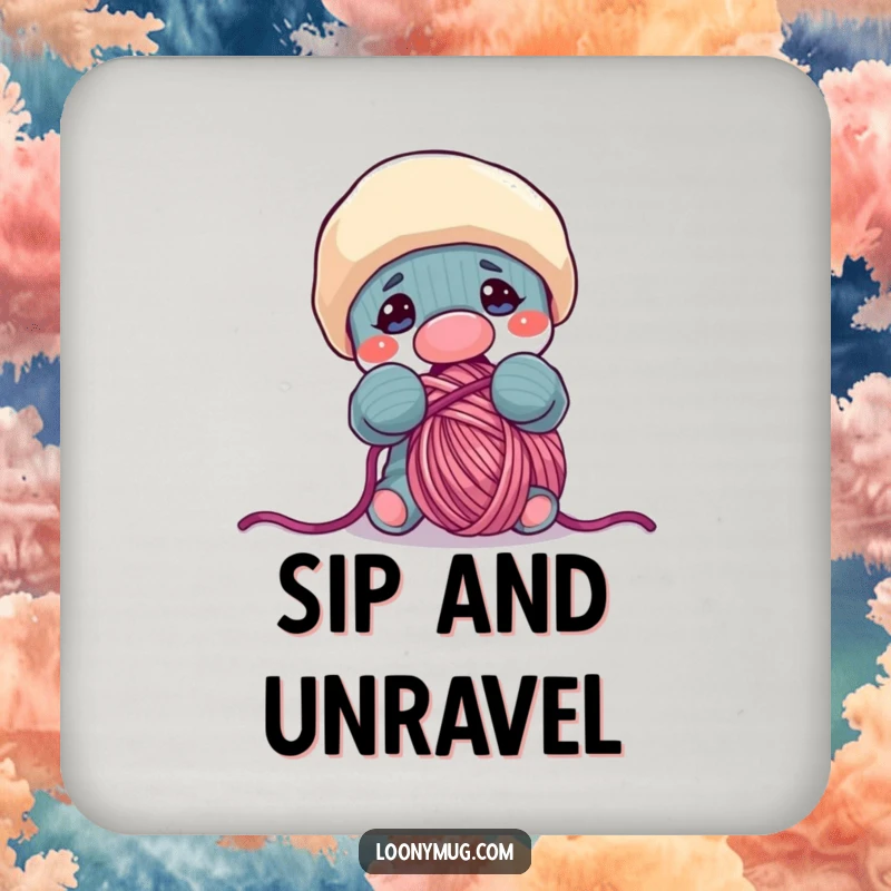 Funny drink coaster graphic of a sock puppet puppet with a determined look, trying to eat a long strand of yarn.