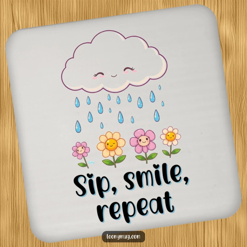 Funny drink coaster with a fluffy cloud raining smiling raindrops onto happy flowers, protecting surfaces with a cheerful design.