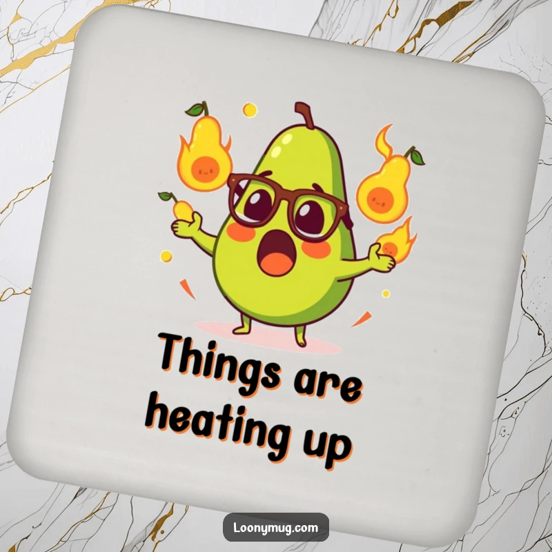 Funny coaster with a surprised avocado, glasses on, juggling flaming pears, protecting surfaces with humor.