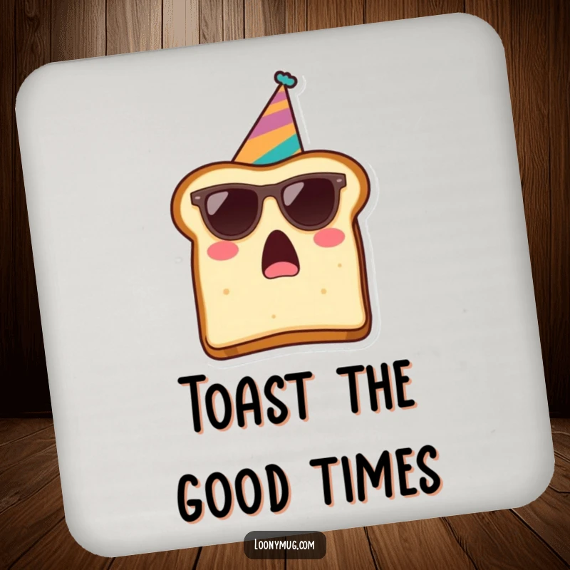 Funny drink coaster featuring a surprised slice of toast in sunglasses and a party hat, protecting surfaces humorously.