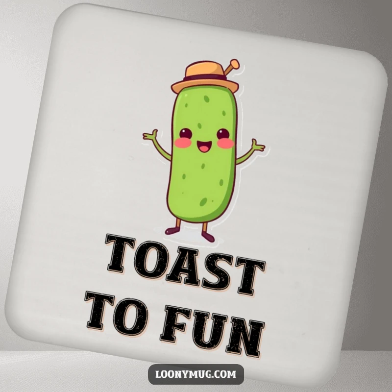 Funny drink coaster with a dancing pickle wearing a top hat, protecting surfaces with whimsical charm.