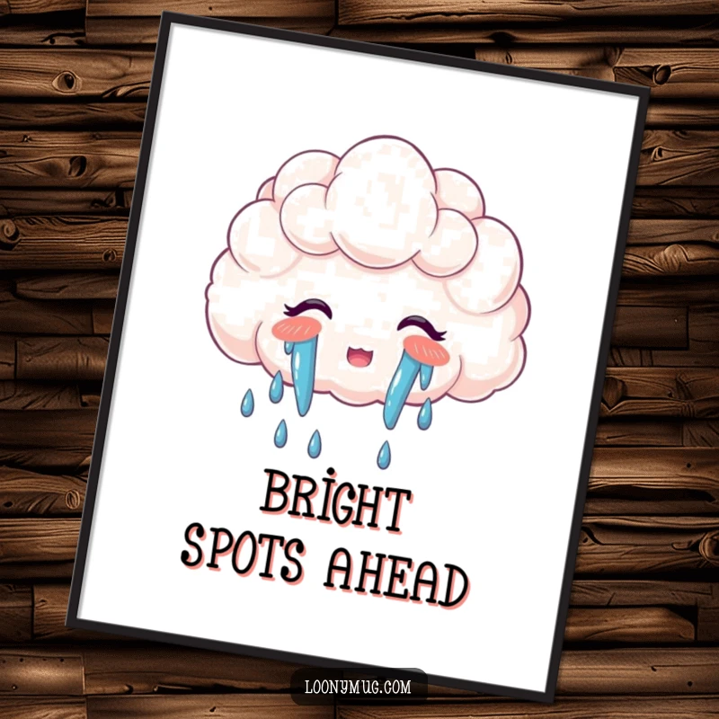 Funny poster print of a cloud joyfully crying a colorful rainbow, ideal for adding cheerful, whimsical decor.