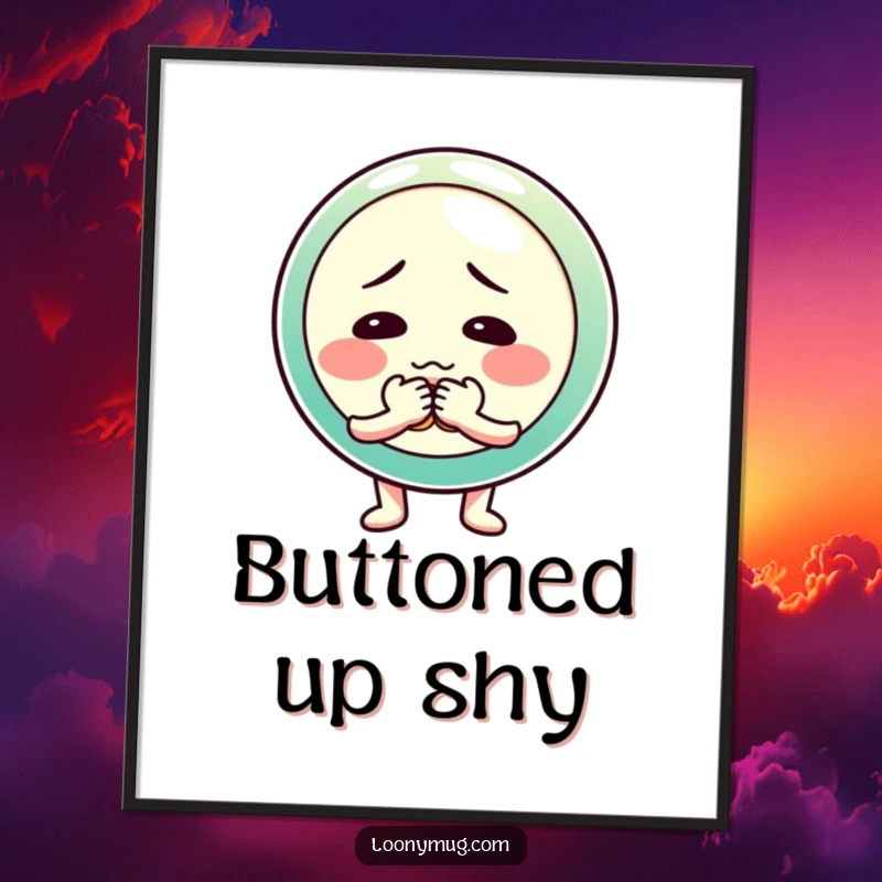 Funny poster of a shy button character fumbling with its buttons, capturing a moment of adorable social nervousness.
