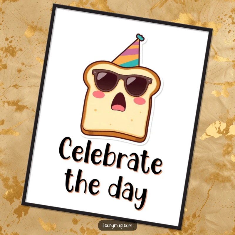 Funny poster of a surprised slice of toast wearing cool sunglasses and a festive party hat, ready to celebrate.