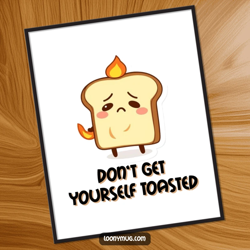 Funny poster featuring a nervous slice of toast trying to put out a small fire on its back, adding humor.