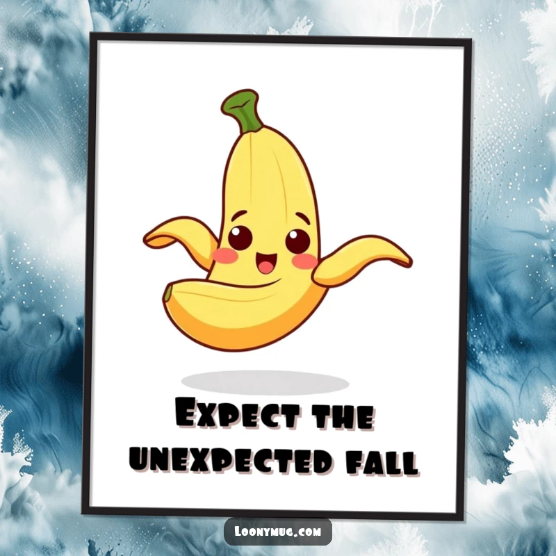 Funny Poster depicting a cheerful banana peel comically slipping on itself with a surprised expression, a timeless gag.