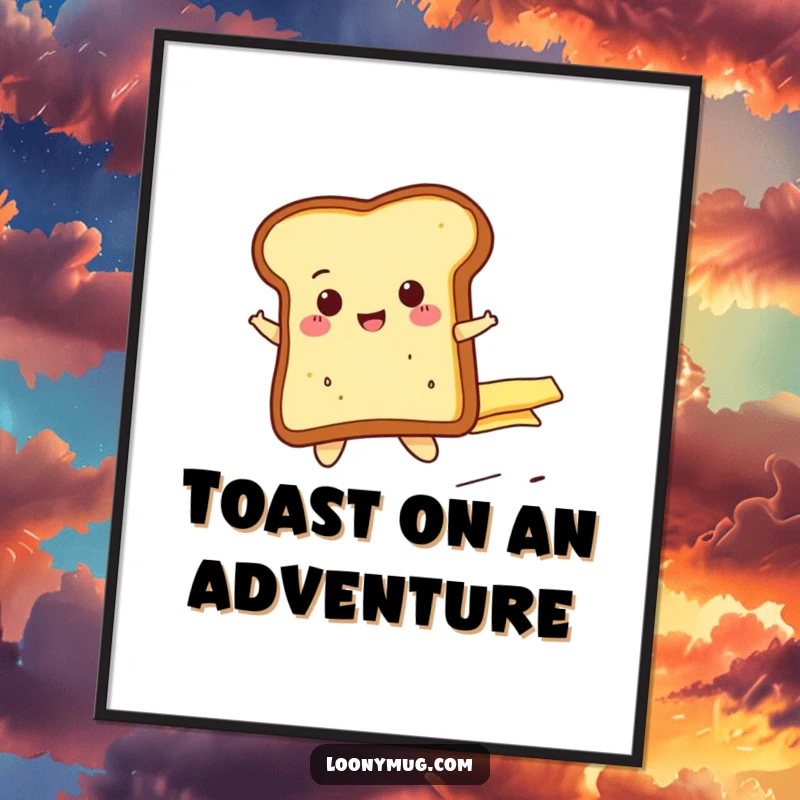 Funny cheerful toast slice attempting to ride a runaway butter pat, presented as whimsical wall art. A delightful and humorous print.