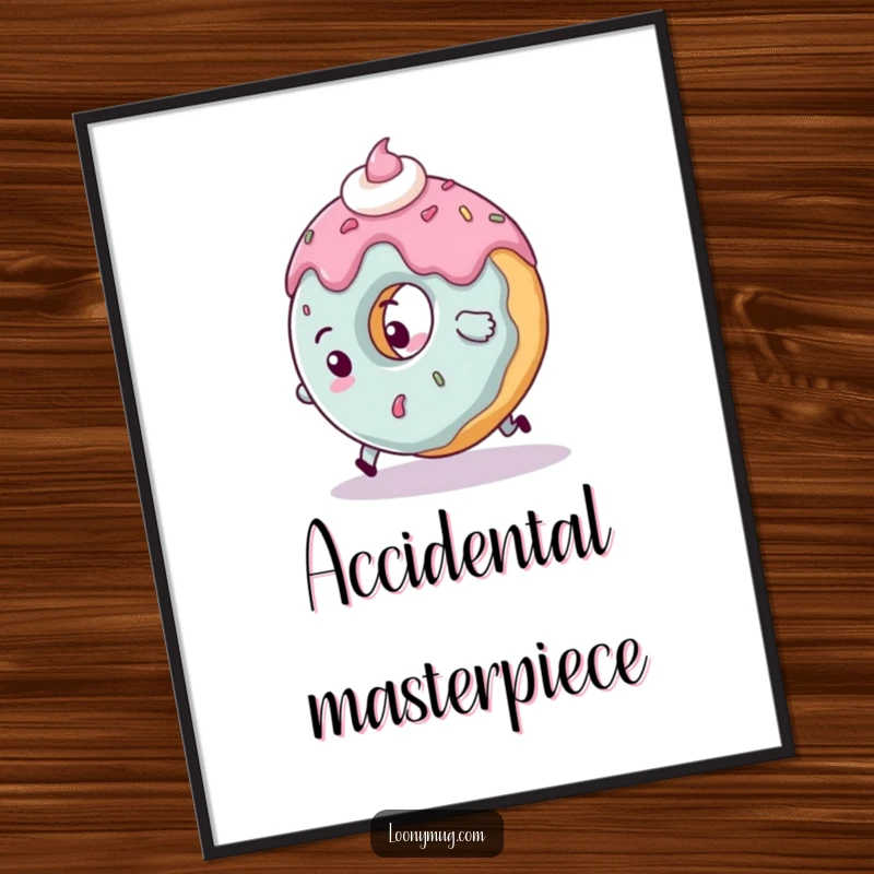 Funny clumsy donut poster character tripping over its frosting, vibrant and humorous sweet wall art.