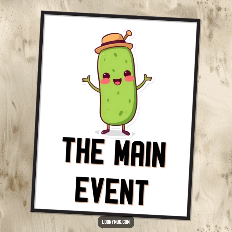 Funny poster print of a pickle dancing energetically while wearing a small top hat, bringing fun art.
