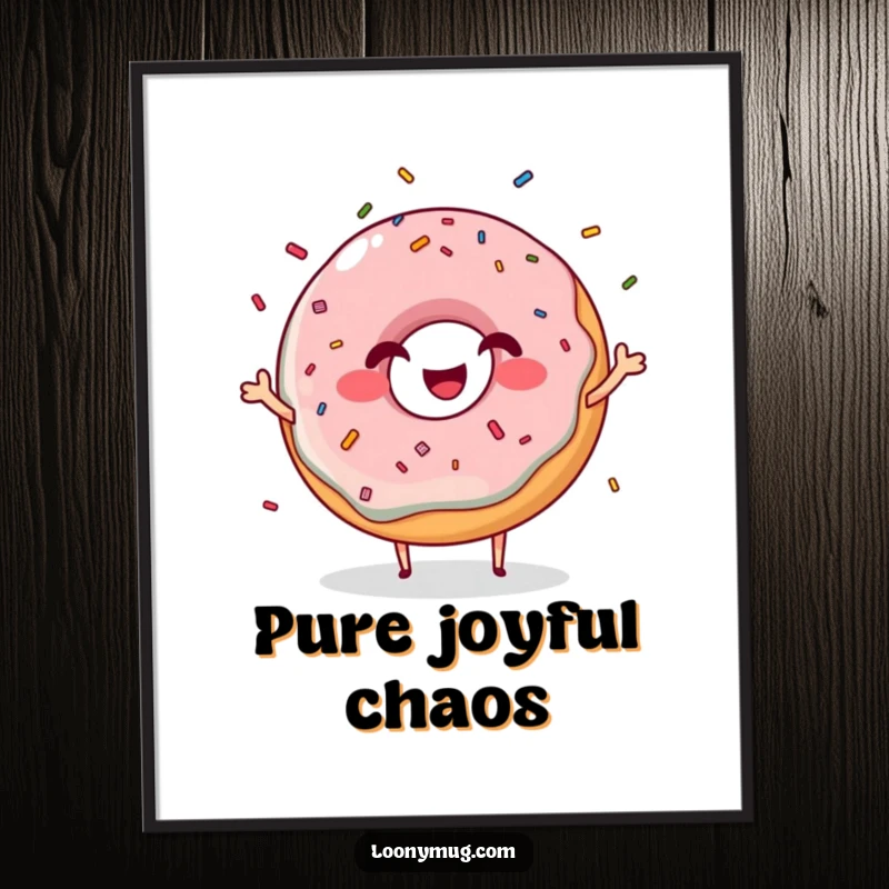 Funny giggling donut poster character juggling sprinkles with a grin, vibrant and humorous sweet wall art.