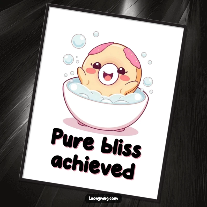 Funny poster art of a happy donut character joyfully floating in a bubbly bath, conveying ultimate relaxation and happiness.
