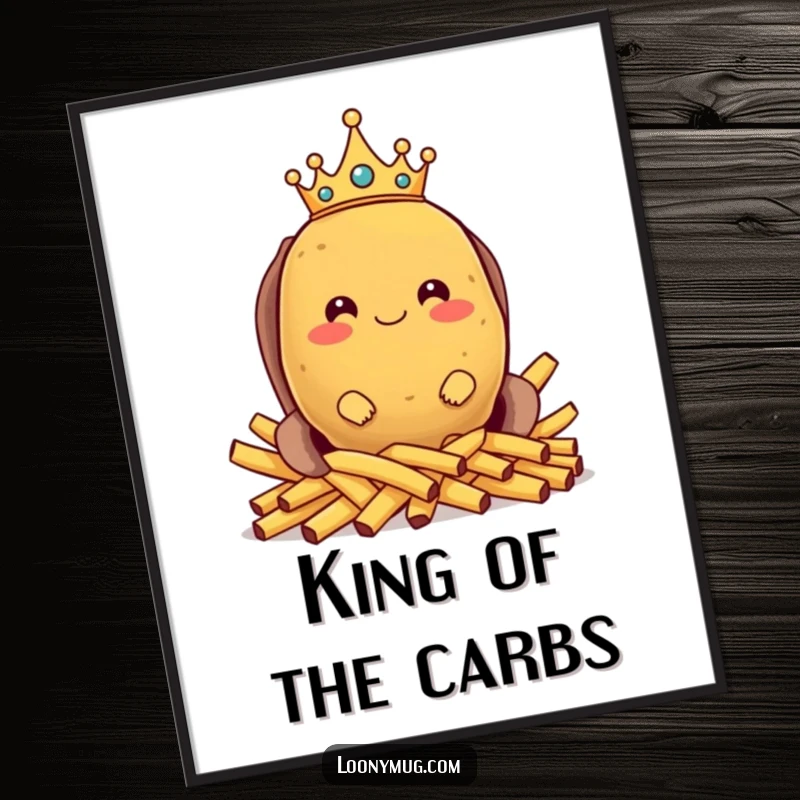 Funny poster art of a proud potato with a crown on a french fry throne, bringing humorous, regal, starchy vibes to decor.