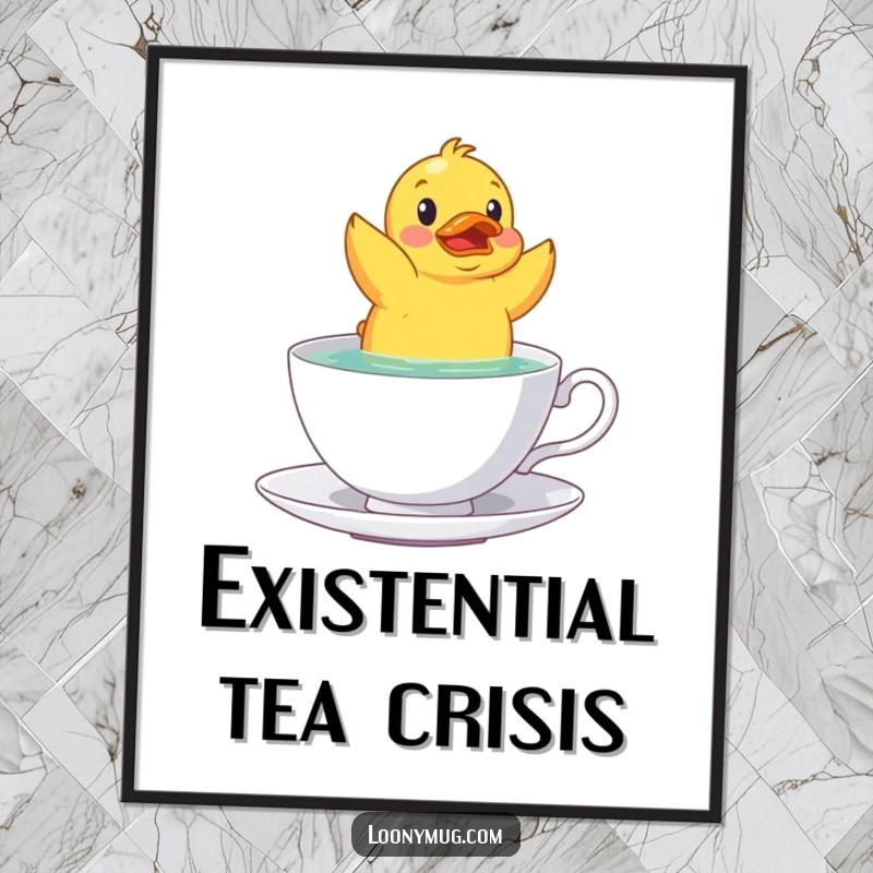 Funny rubber duck in a teacup art print, designed to bring laughter and quirky charm to any wall space.