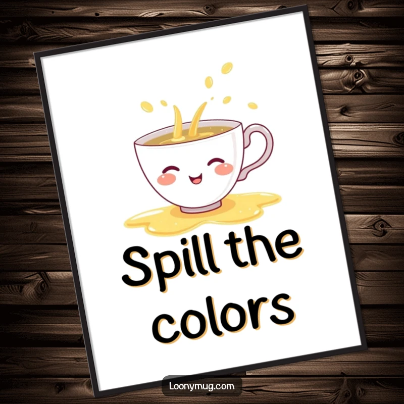 Funny poster art of a shy teacup giggling and spilling a rainbow of tea, a whimsical and cheerful addition to wall decor.