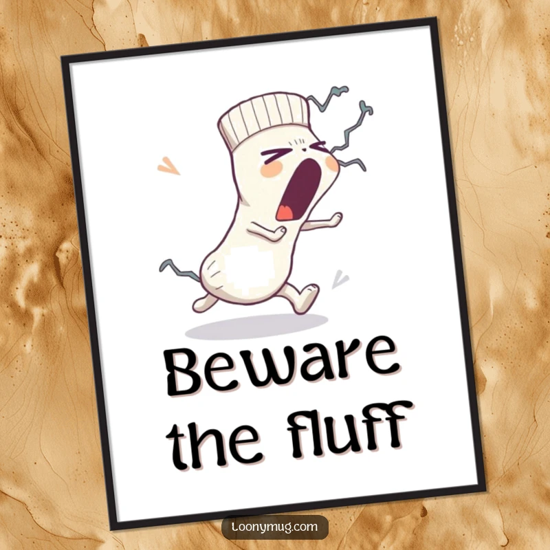 Funny poster featuring a sleepy sock yawning widely while being chased by a lint monster, creating a humorous and dynamic scene.