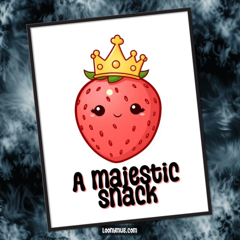 Funny poster of a plump strawberry wearing a tiny crown, looking imperious and majestic, a piece of regal fruit art.
