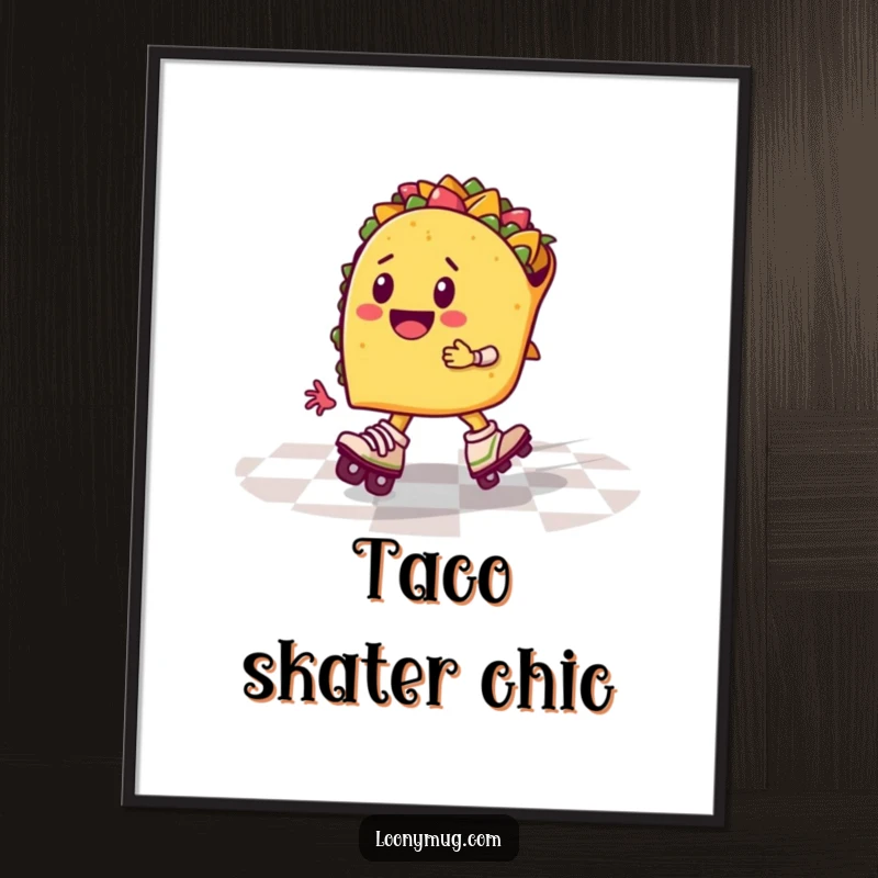Funny taco wearing roller skates, zooming across a checkered floor, on a poster, vibrant and humorous wall art.