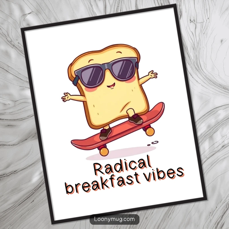 Funny Poster depicting a slice of toast wearing sunglasses, attempting a clumsy skateboard trick, perfect for adding a cool vibe.