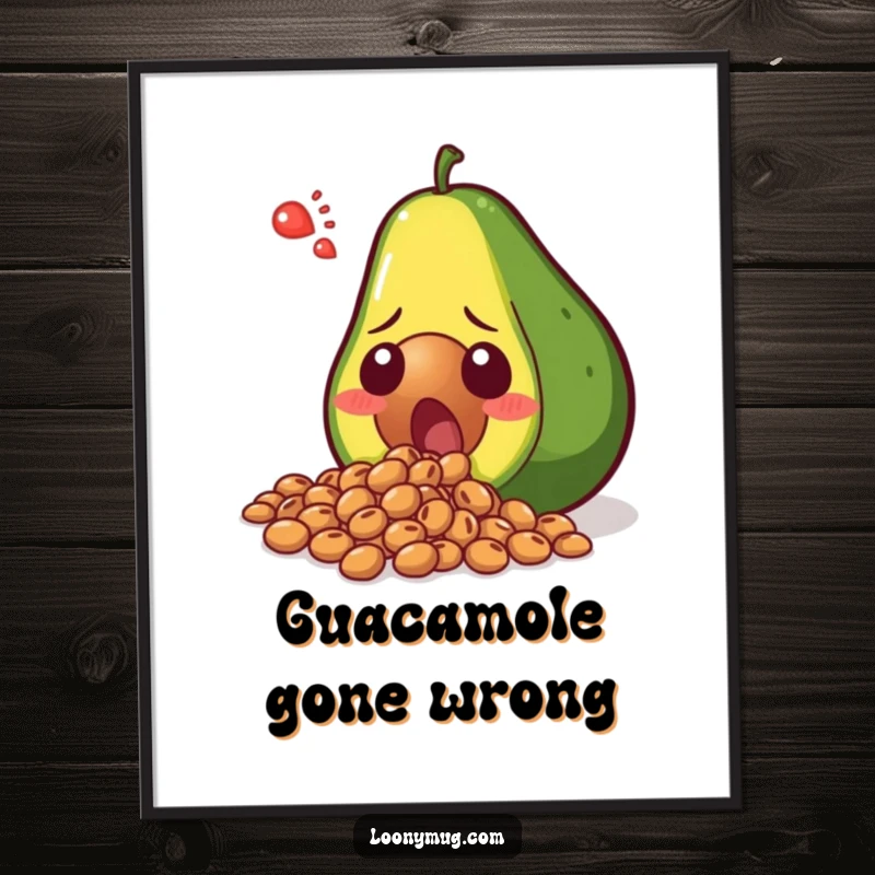 Funny shocked avocado spilling its seeds in disbelief, presented as eye-catching wall art. A humorous and expressive poster for any space.