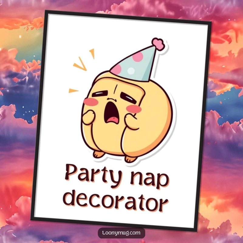 Funny poster illustrating a sleepy hot dog character yawning widely while sporting a tiny party hat.