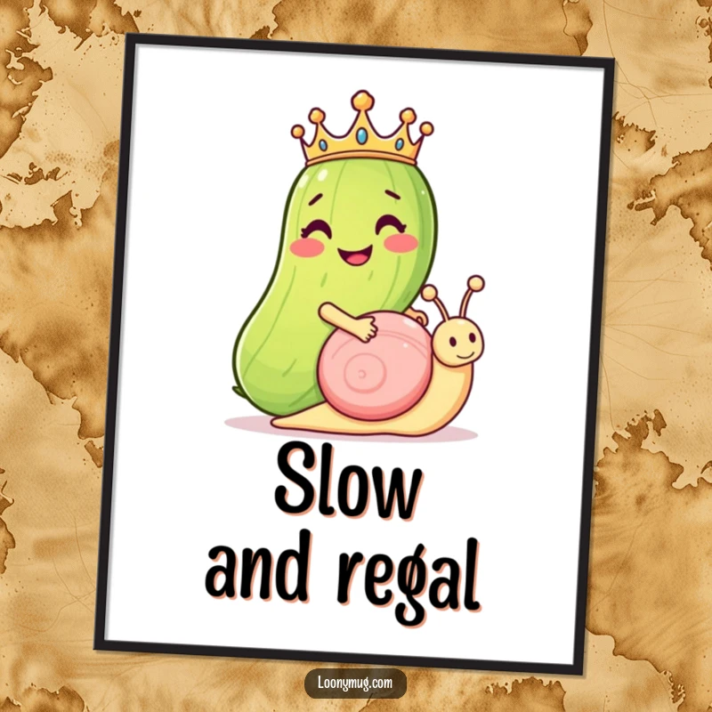 Funny poster featuring a grinning pickle with a tiny crown riding a snail, capturing a moment of slow-paced, humorous royalty.