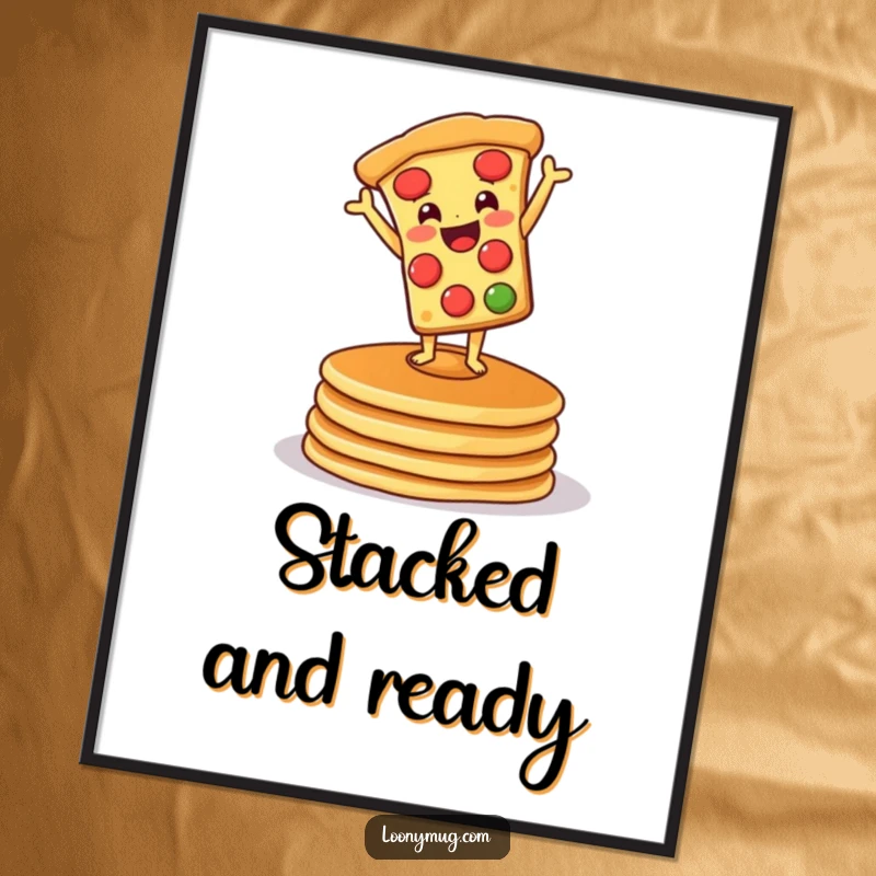 Funny poster art of a pizza doing a handstand on a stack of pancakes, celebrating quirky breakfast moments with vibrant colors.