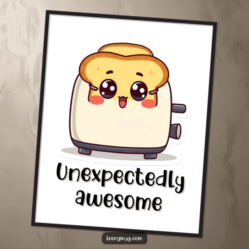 Funny poster capturing a toast character's comically surprised expression as it emerges from a toaster.