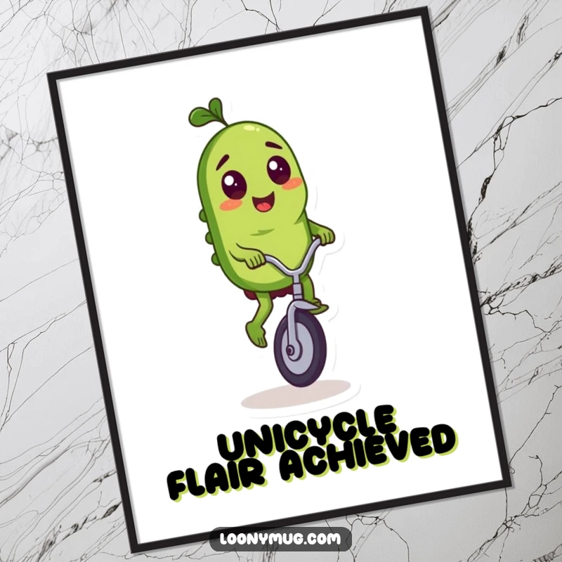Funny poster illustrating a mischievous pickle character expertly riding a tiny unicycle with great flair.
