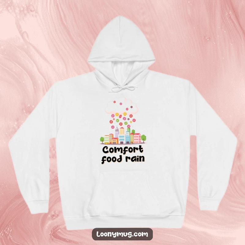 Funny hoodie print showing a cloud releasing a cascade of colorful donuts onto a small cityscape, perfect for cozy, humorous wear.