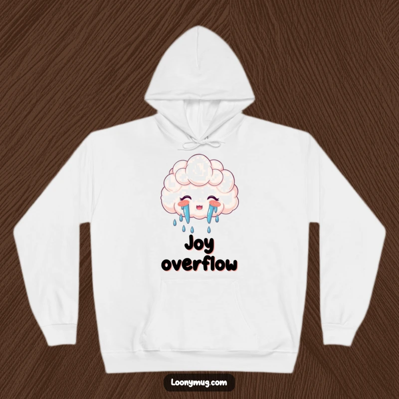 Funny hoodie featuring a happy cloud crying a vibrant rainbow of tears, perfect for cozy, cheerful wear.