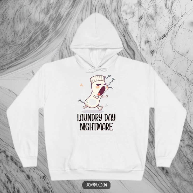 Funny hoodie print: a sleepy sock yawns widely while a lint monster gives chase, creating a humorous and relatable scene.
