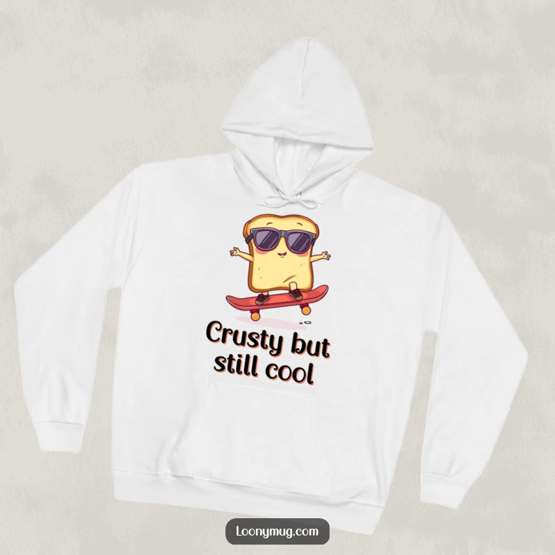 Funny Hoodie featuring a slice of toast wearing sunglasses, attempting a skateboard trick, combining warmth and cool, laid-back style.