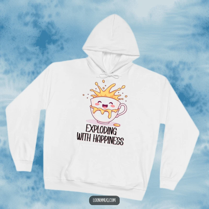 Funny hoodie showcasing a cheerful teacup character letting loose in a joyful, explosive spill.