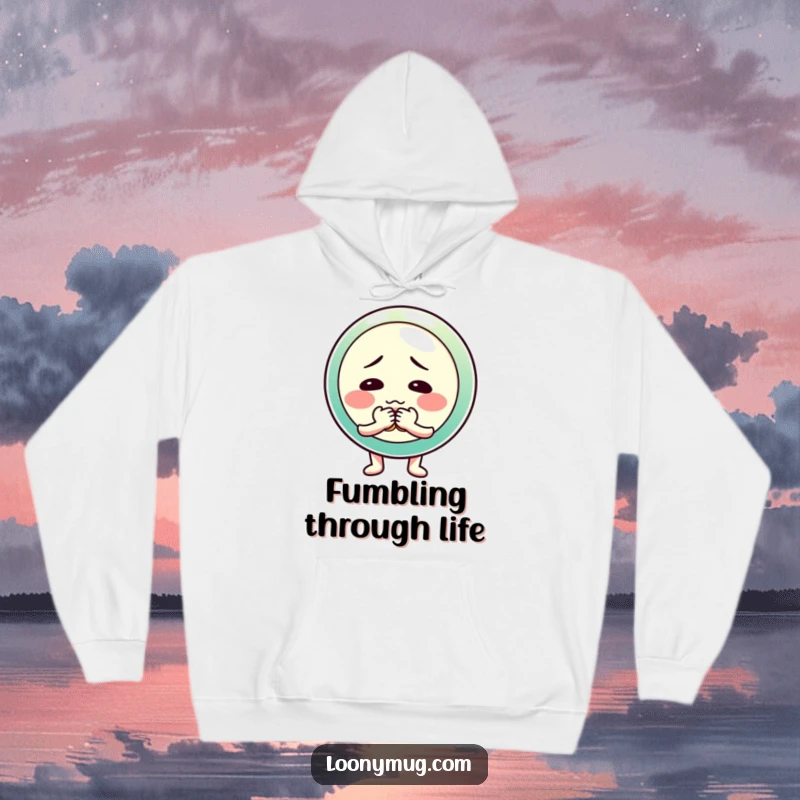 Funny hoodie with a shy button character nervously fumbling with its own fasteners, perfect for expressing bashfulness.