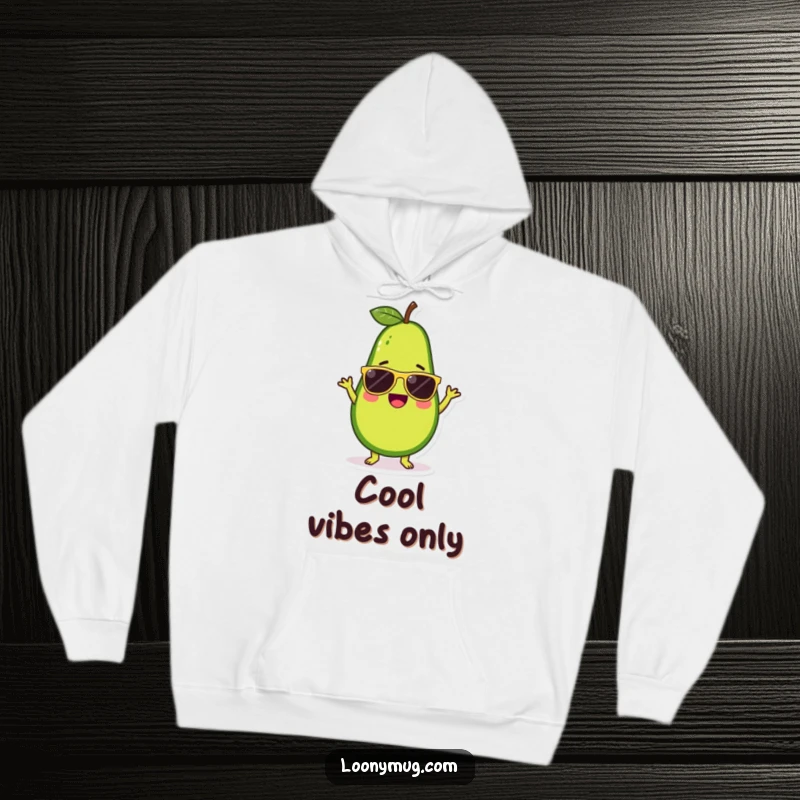 Funny hoodie design of a cute avocado character wearing stylish sunglasses and performing a silly, infectious dance.