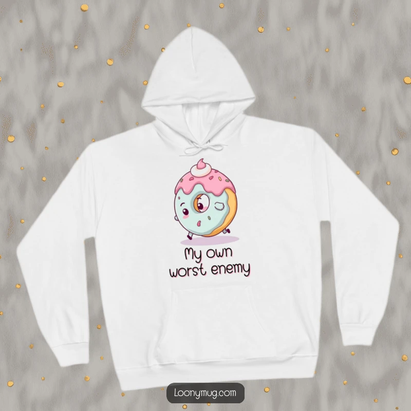 Funny clumsy donut hoodie character tripping over its frosting, cozy and humorous apparel for the accident-prone.