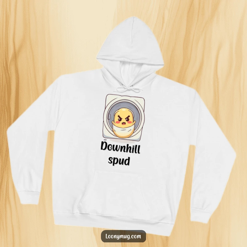 Funny hoodie depicting a determined potato bravely rolling down a laundry chute, conveying a humorous and adventurous spirit.